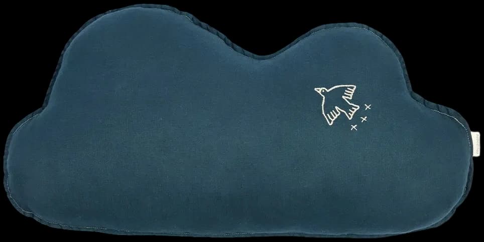 Cojín nube Lino frances lavado con bordado pajaro L1NO - Deep Blue