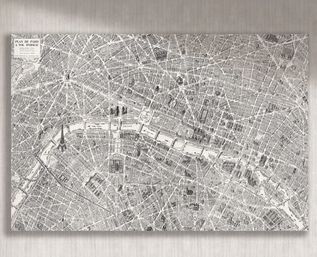 Cuadro Mapa La Ville horizontal - 120x75 cm / Lona tensada con bastidor + marco color mañío