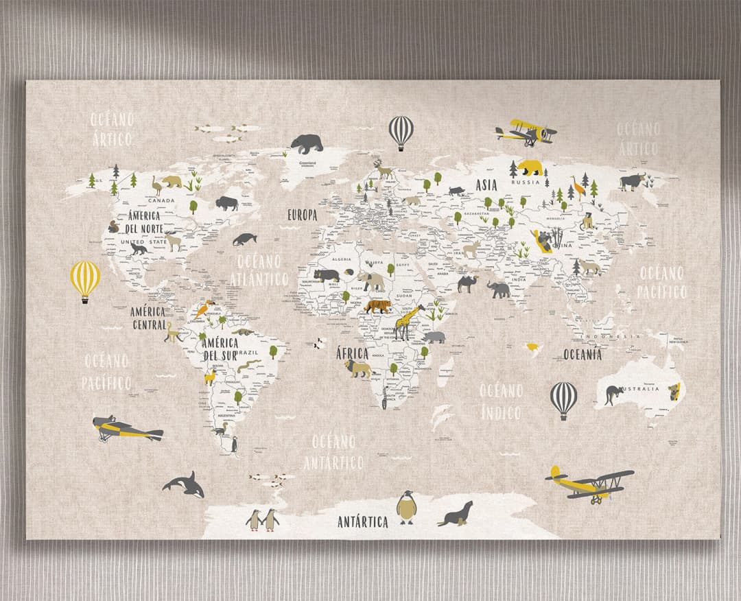 Cuadro Mapa Animales Beige horizontal - 120x75 cm / Lona tensada con bastidor