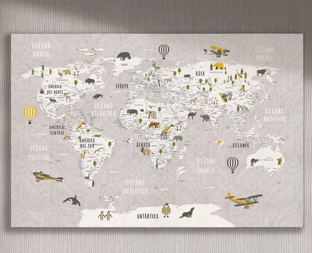 Cuadro Mapa Animales Gris horizontal - 120x75 cm / Lona tensada con bastidor