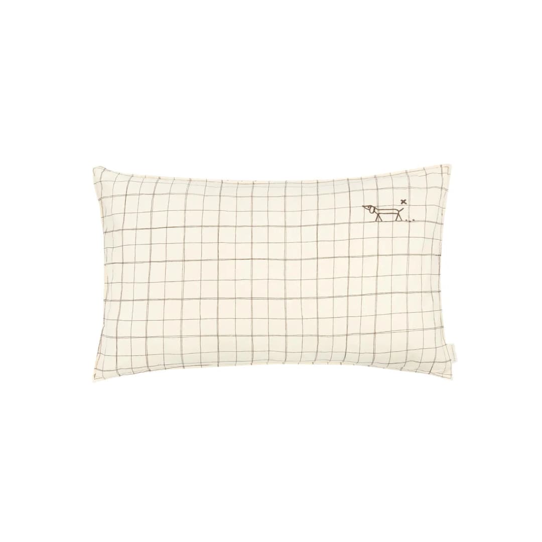 Cojín rectangular bordado de lino francés lavado - Natural grid