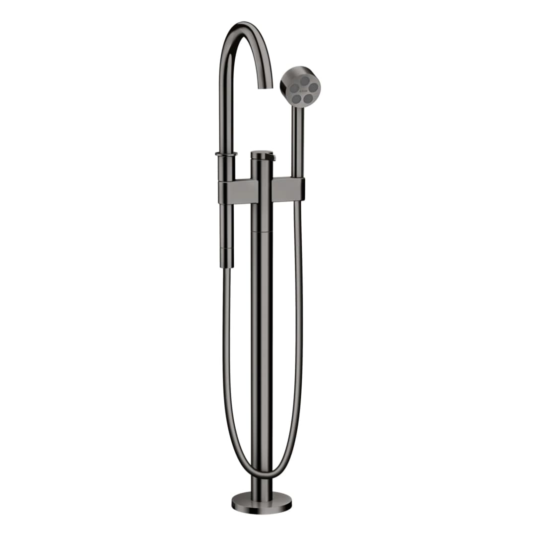 Grifería tina pie One con ducha fono flexible y soporte polished black