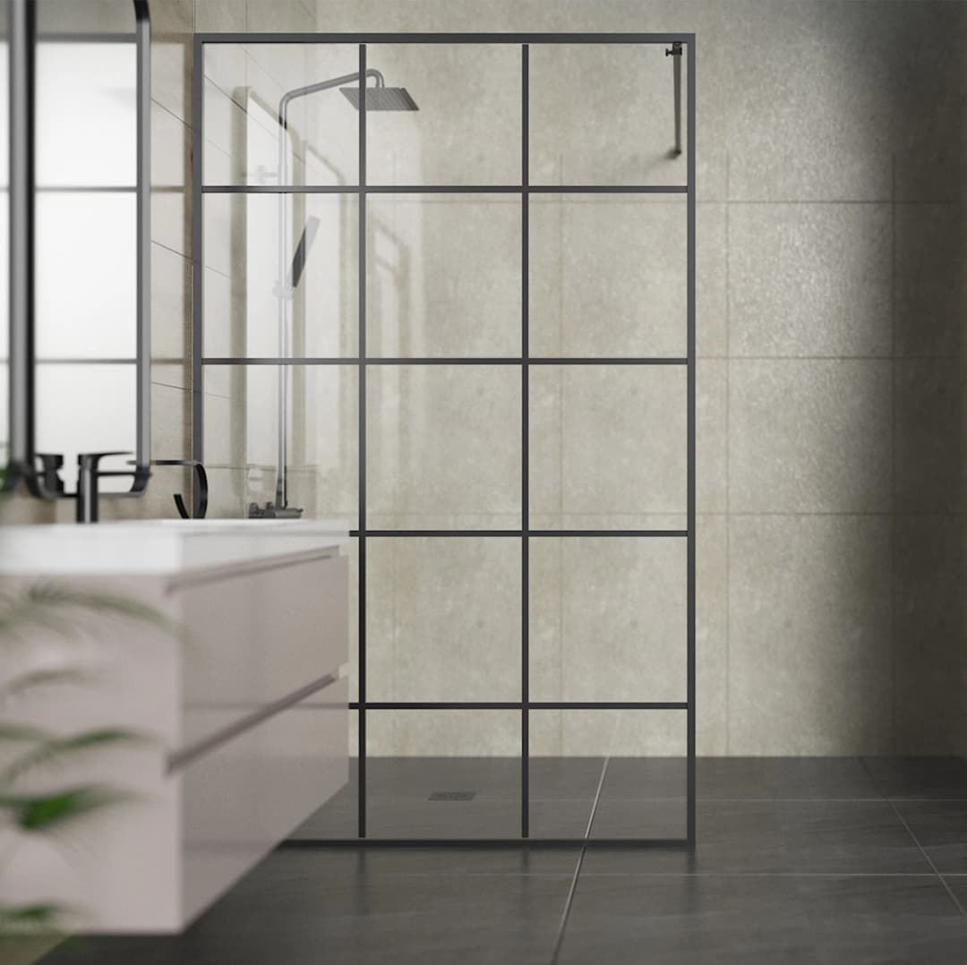 Mampara Ducha Grid Fija Vidrio Templado Negro Mate 1000x1980 mm