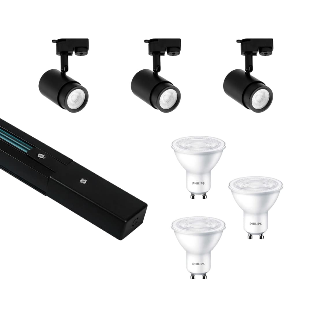 KIT RIEL MONOFÁSICO LED STUDIO 1 MT + 3 FOCOS RIEL FAIDHE 5W LUZ CÁLIDA (2700K) NEGRO
