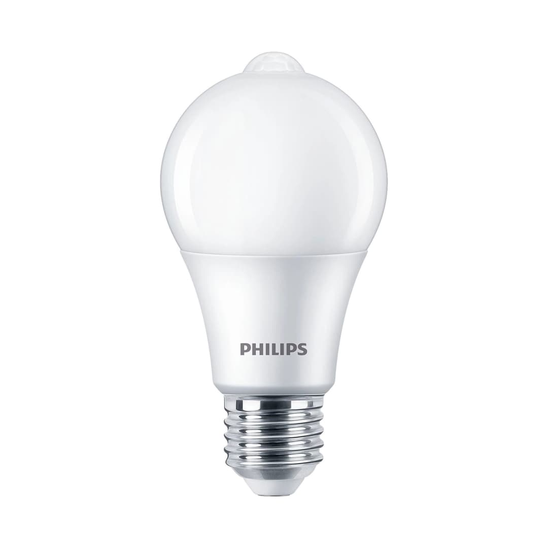 AMPOLLETA E27 CON SENSOR DE MOVIMIENTO PHILIPS 8W LUZ CÁLIDA (3000K) BLANCA (929002058519)