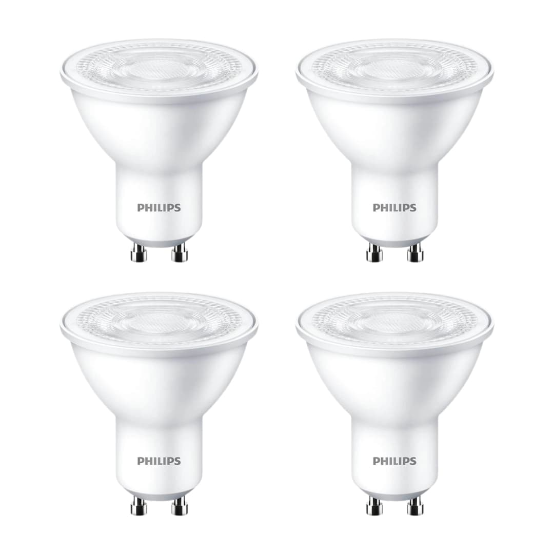 KIT 4 AMPOLLETAS GU10 PHILIPS LED ESSENTIAL 4.7W LUZ CÁLIDA (2700K) BLANCO (929003038674)